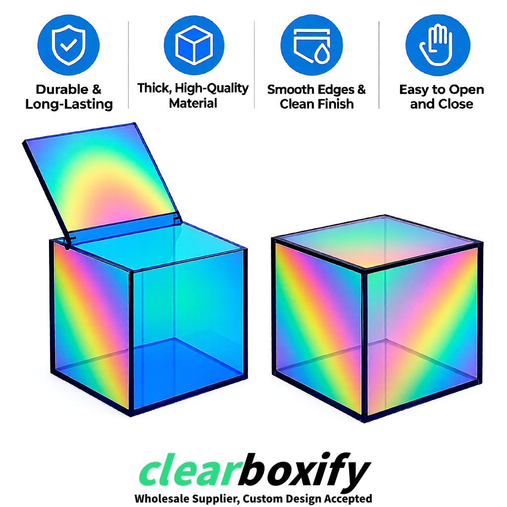 Iridescent Clear Acrylic Square Boxes With Lid 5x5x5 inch Anti Dust Durable Storage Box