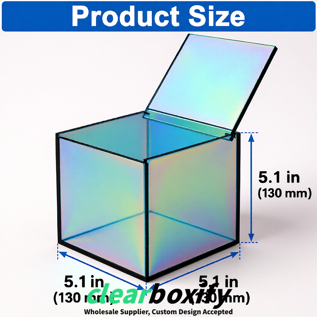 Iridescent Clear Acrylic Square Boxes With Lid 5x5x5 inch Anti Dust Durable Storage Box
