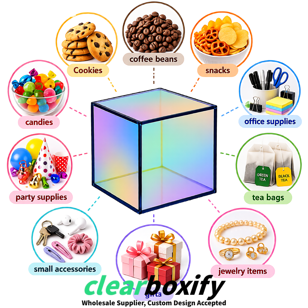 Iridescent Clear Acrylic Square Boxes With Lid 5x5x5 inch Anti Dust Durable Storage Box