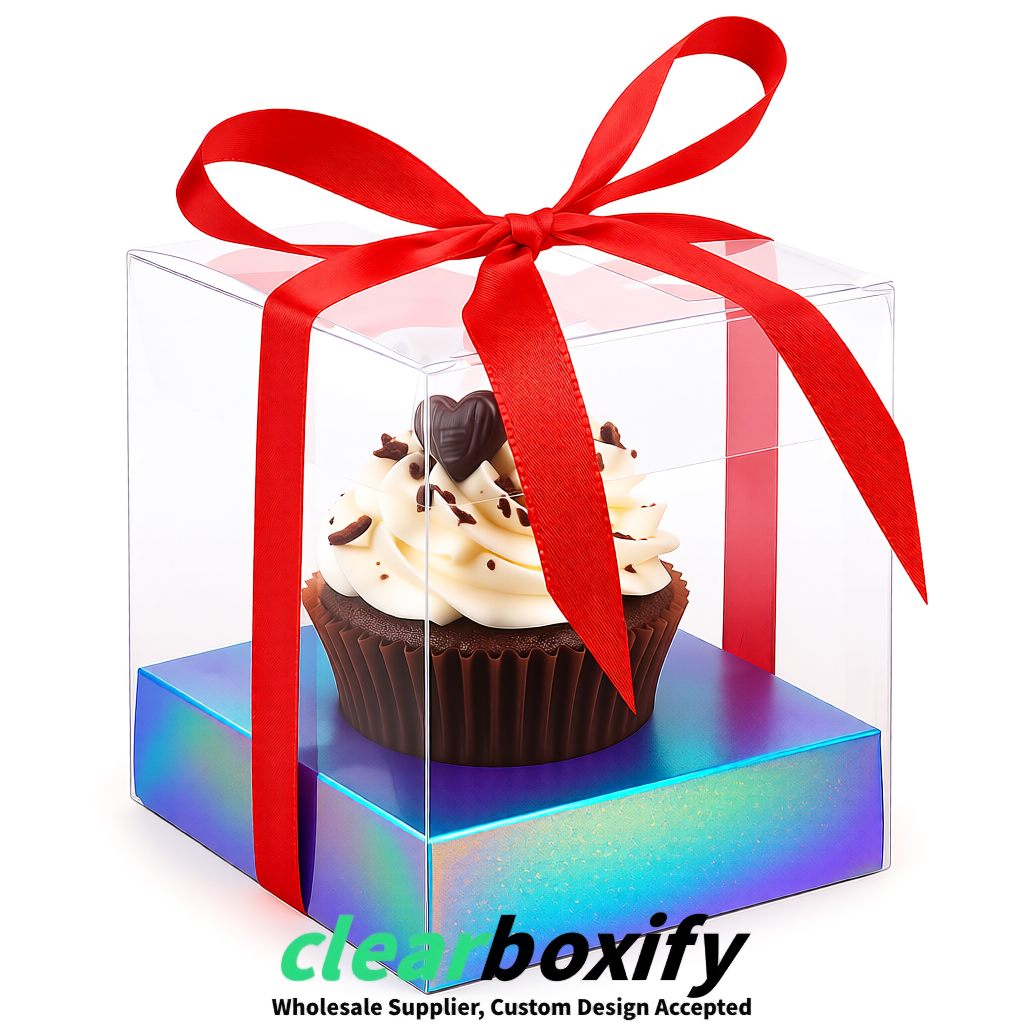 Clear Individual Cupcake Boxes with Iridescent Base Square 3.5 inch Plastic Cupcake Carrier with Ribbon