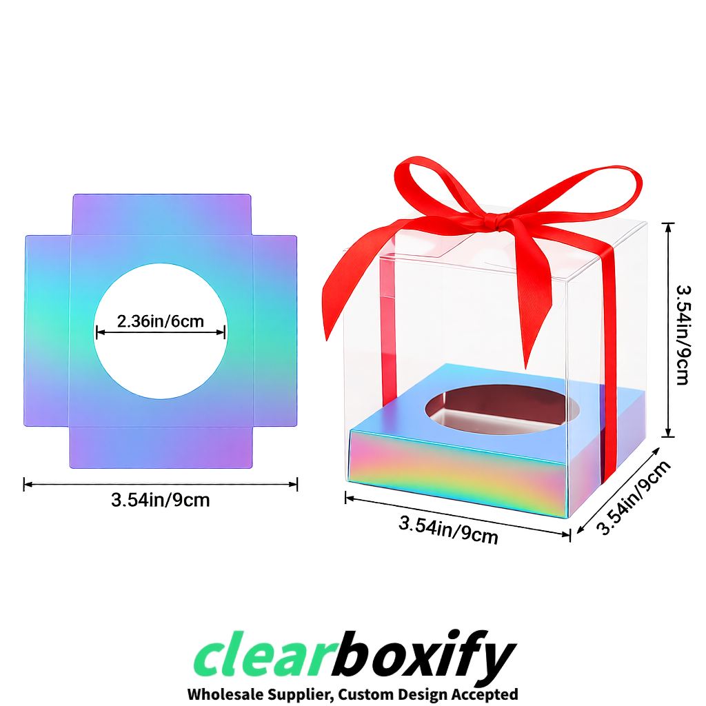Clear Individual Cupcake Boxes with Iridescent Base Square 3.5 inch Plastic Cupcake Carrier with Ribbon