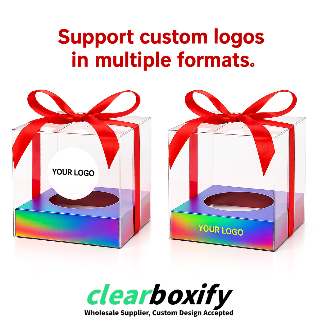 Clear Individual Cupcake Boxes with Iridescent Base Square 3.5 inch Plastic Cupcake Carrier with Ribbon