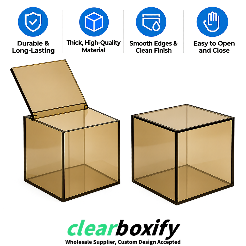 Khaki Clear Acrylic Square Boxes With Lid 5x5x5 inch Anti Dust Durable Storage Box