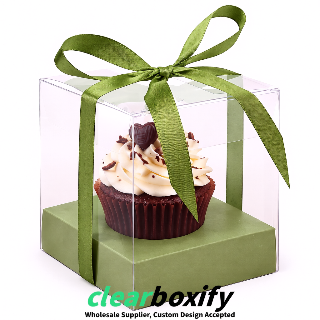 Clear Individual Cupcake Boxes with Khaki Base Square 3.5 inch Plastic Cupcake Carrier with Ribbon