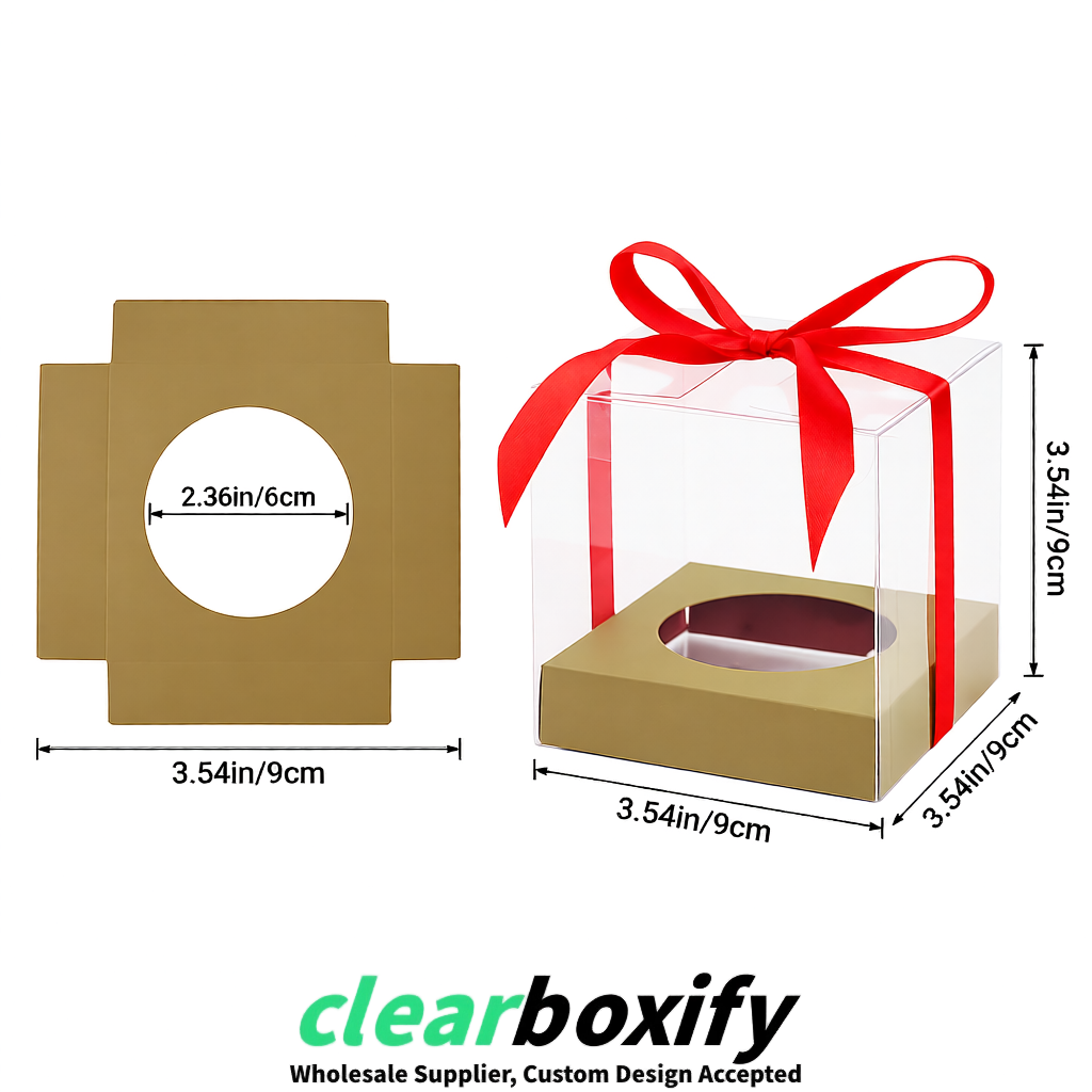 Clear Individual Cupcake Boxes with Khaki Base Square 3.5 inch Plastic Cupcake Carrier with Ribbon