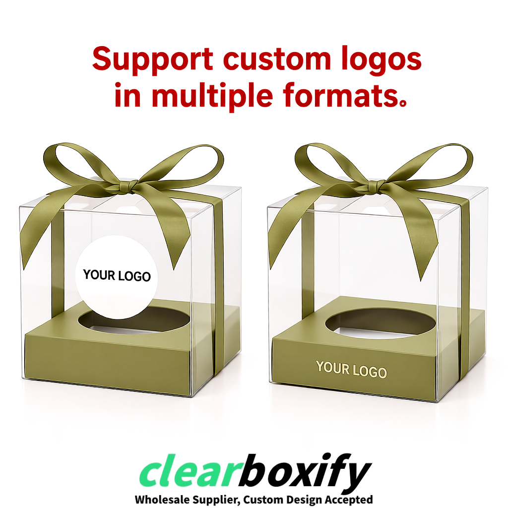 Clear Individual Cupcake Boxes with Khaki Base Square 3.5 inch Plastic Cupcake Carrier with Ribbon