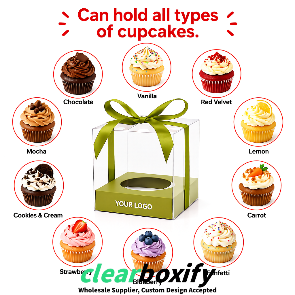 Clear Individual Cupcake Boxes with Khaki Base Square 3.5 inch Plastic Cupcake Carrier with Ribbon