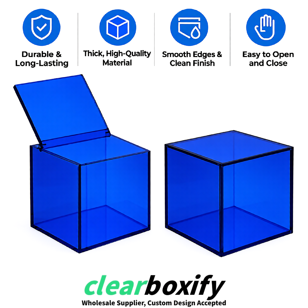 Klein Blue Clear Acrylic Square Boxes With Lid 5x5x5 inch Anti Dust Durable Storage Box