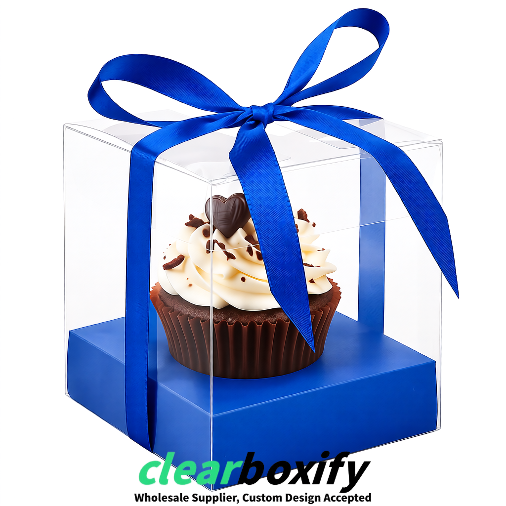 Clear Individual Cupcake Boxes with Klein Blue Base Square 3.5 inch Plastic Cupcake Carrier with Ribbon