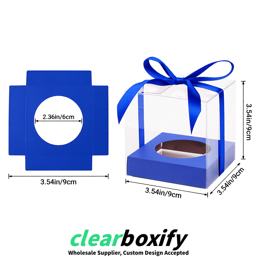 Clear Individual Cupcake Boxes with Klein Blue Base Square 3.5 inch Plastic Cupcake Carrier with Ribbon