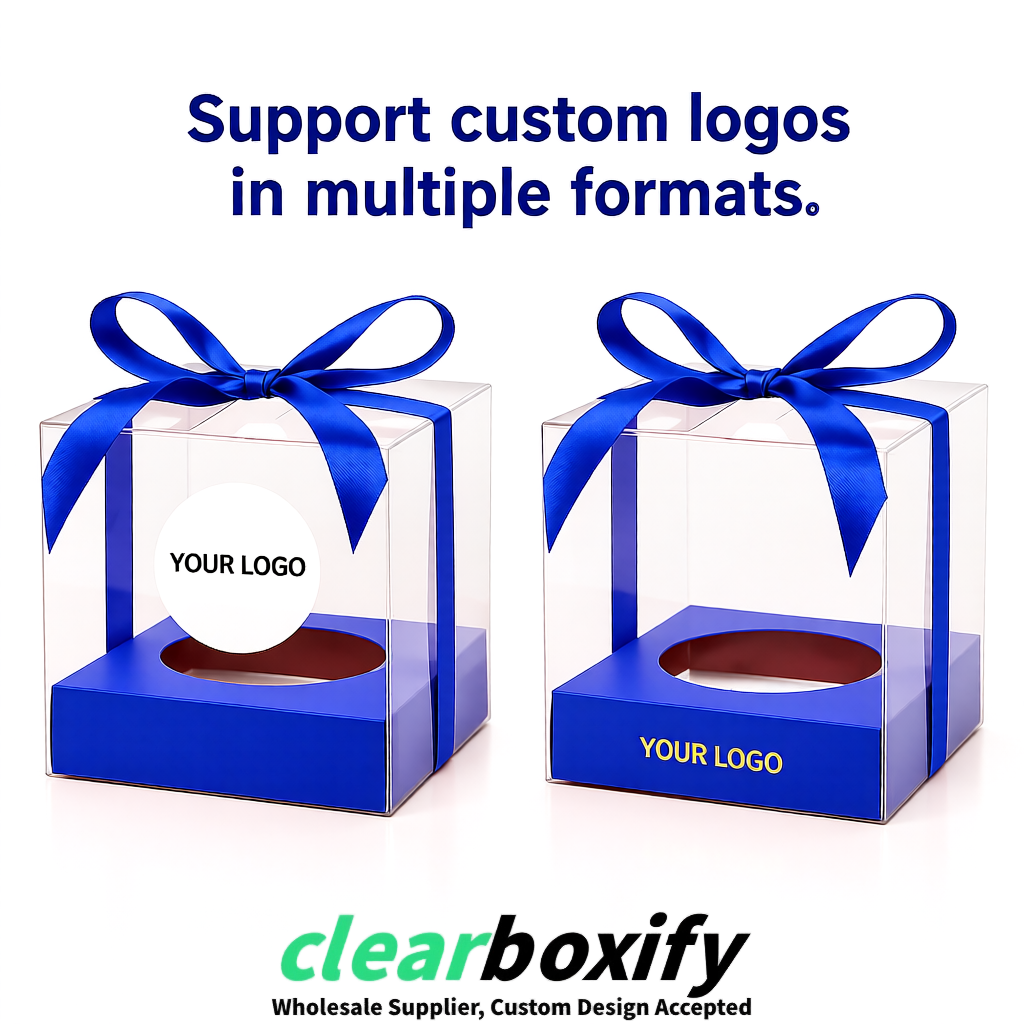 Clear Individual Cupcake Boxes with Klein Blue Base Square 3.5 inch Plastic Cupcake Carrier with Ribbon