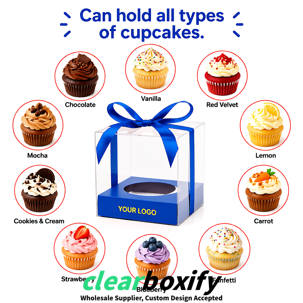 Clear Individual Cupcake Boxes with Klein Blue Base Square 3.5 inch Plastic Cupcake Carrier with Ribbon