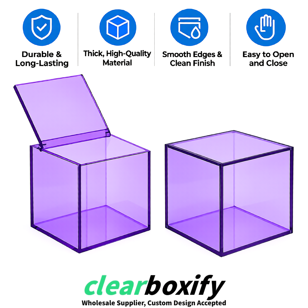 Lavender Clear Acrylic Square Boxes With Lid 5x5x5 inch Anti Dust Durable Storage Box