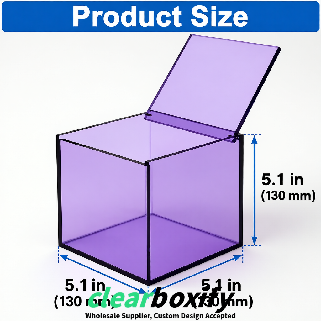 Lavender Clear Acrylic Square Boxes With Lid 5x5x5 inch Anti Dust Durable Storage Box