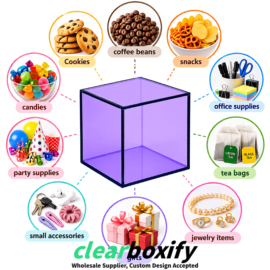 Lavender Clear Acrylic Square Boxes With Lid 5x5x5 inch Anti Dust Durable Storage Box