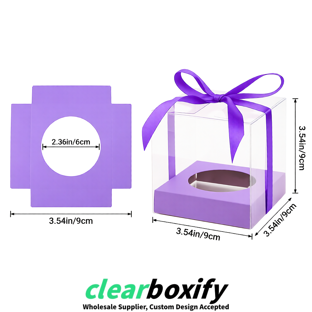 Clear Individual Cupcake Boxes with Lavender Base Square 3.5 inch Plastic Cupcake Carrier with Ribbon