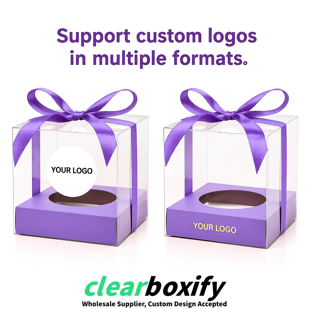 Clear Individual Cupcake Boxes with Lavender Base Square 3.5 inch Plastic Cupcake Carrier with Ribbon