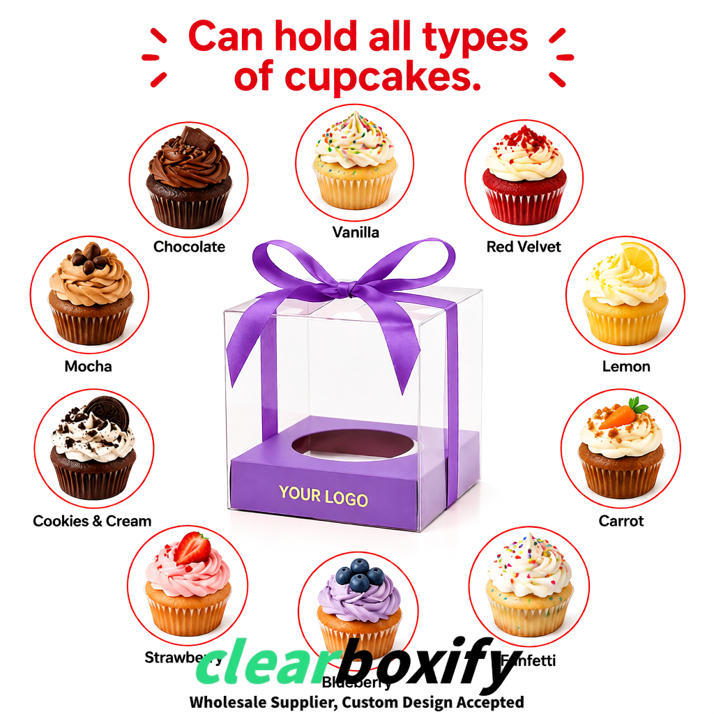 Clear Individual Cupcake Boxes with Lavender Base Square 3.5 inch Plastic Cupcake Carrier with Ribbon