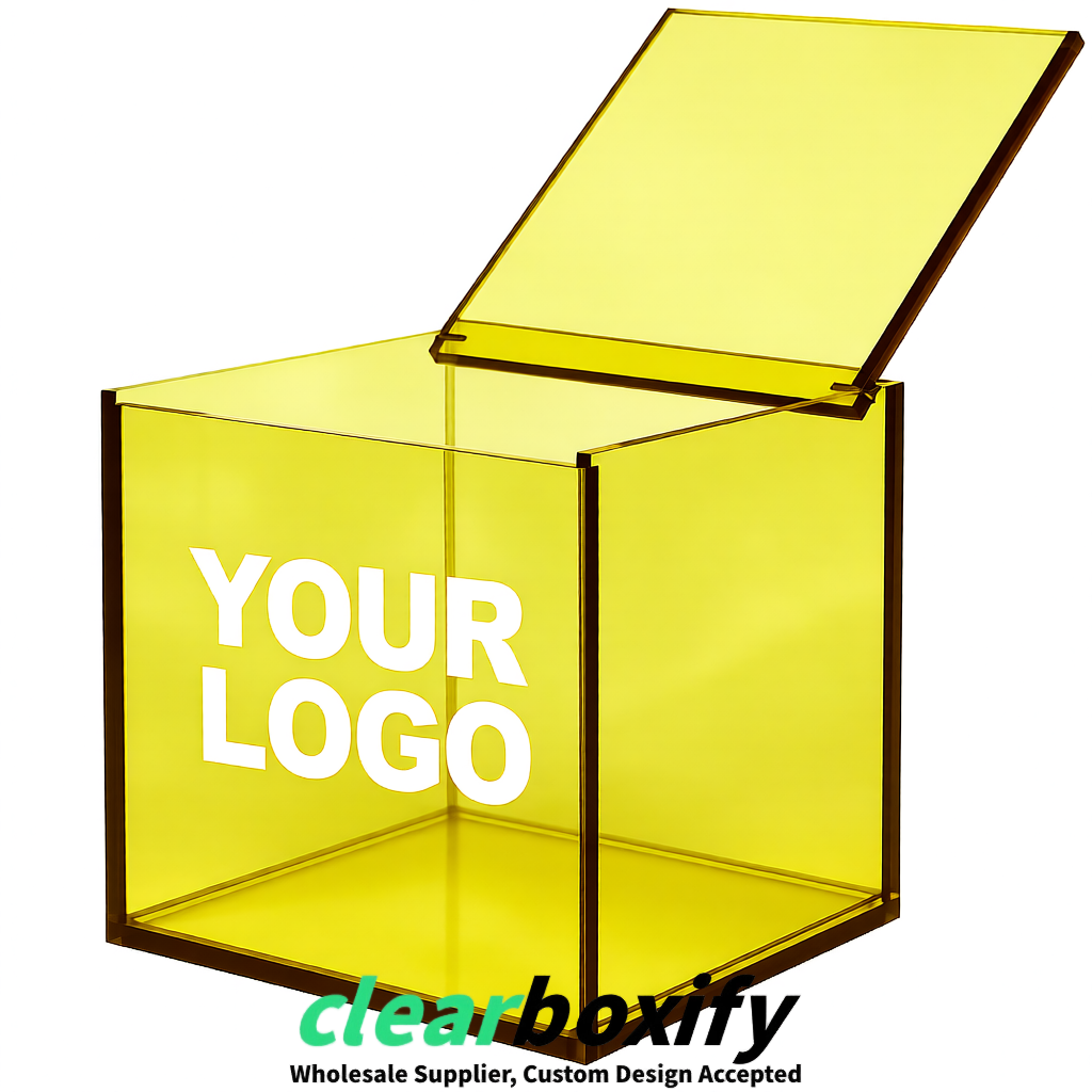 Lemon Yellow Clear Acrylic Square Boxes With Lid 5x5x5 inch Anti Dust Durable Storage Box