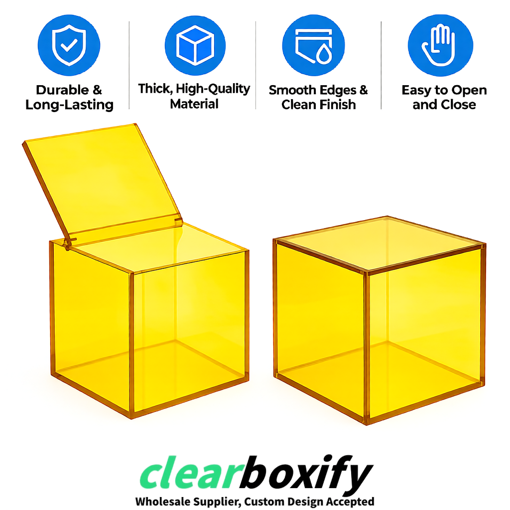 Lemon Yellow Clear Acrylic Square Boxes With Lid 5x5x5 inch Anti Dust Durable Storage Box