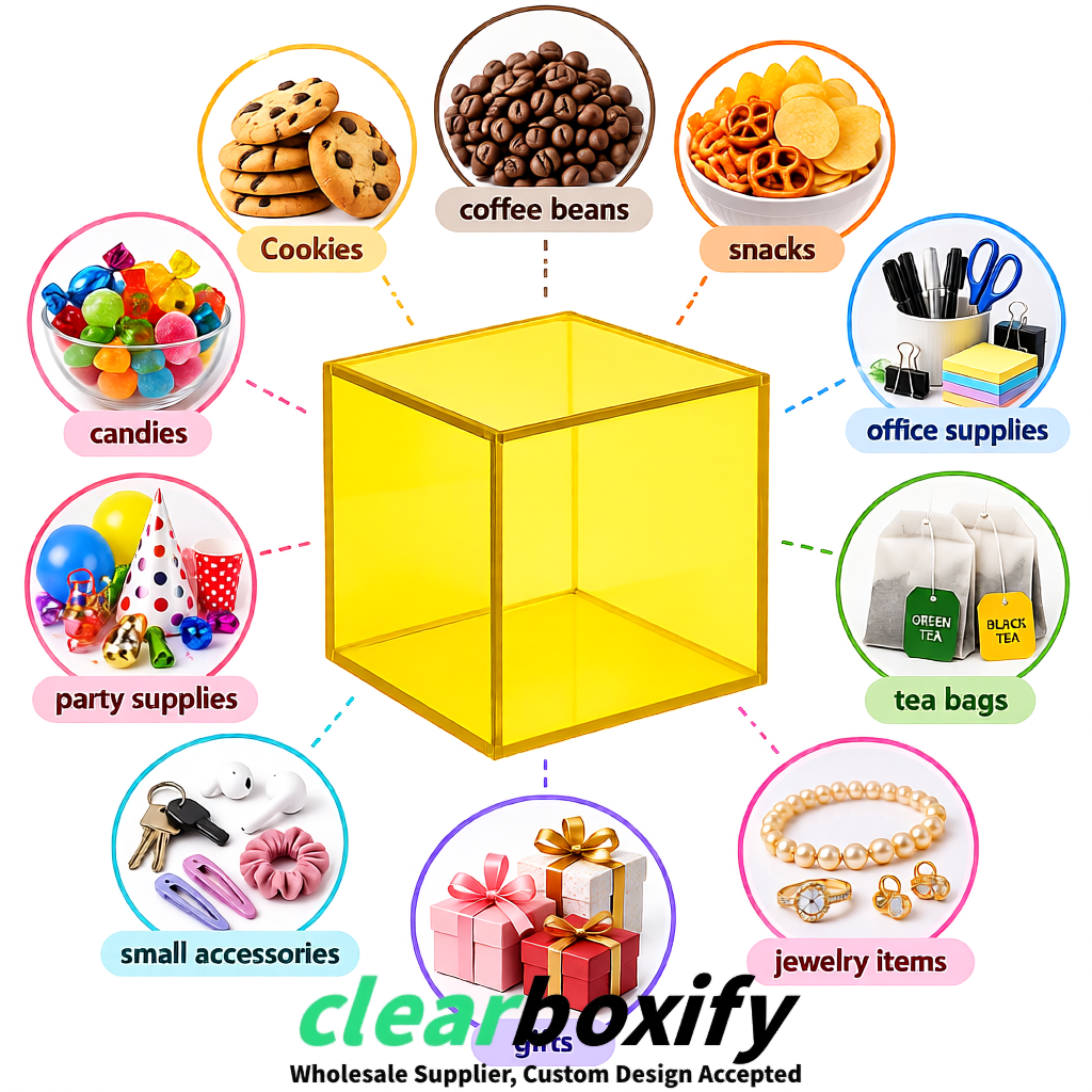 Lemon Yellow Clear Acrylic Square Boxes With Lid 5x5x5 inch Anti Dust Durable Storage Box