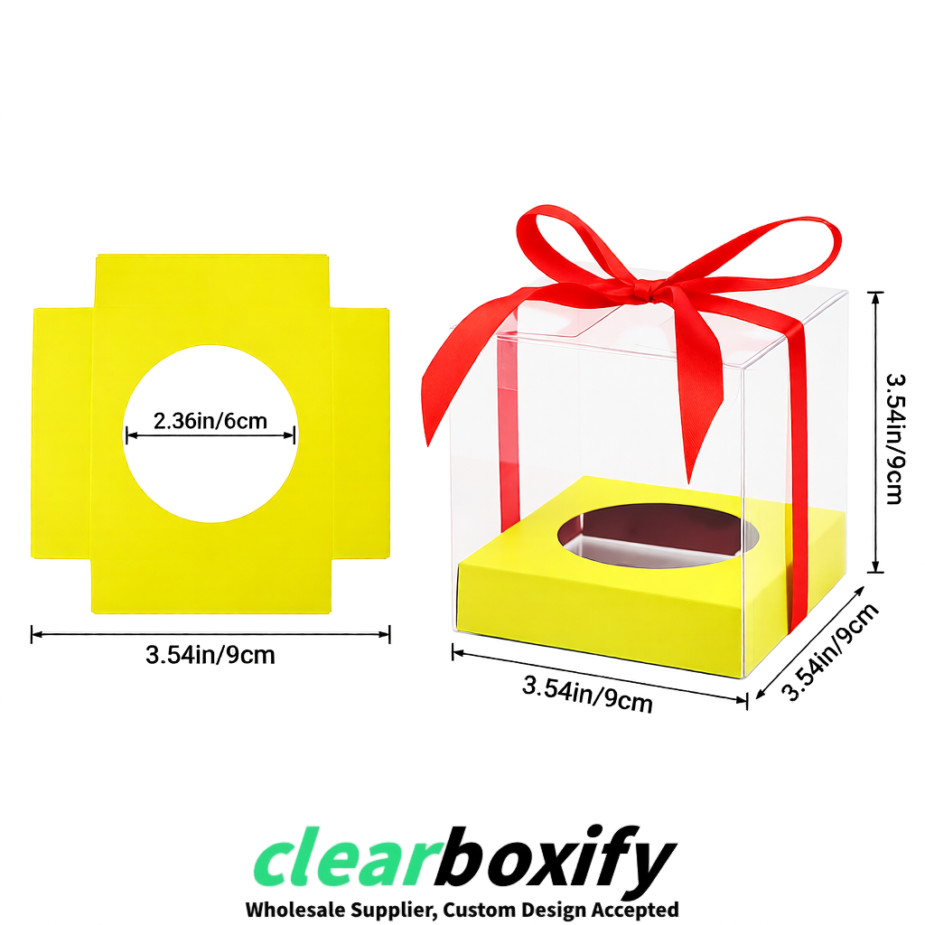 Clear Individual Cupcake Boxes with Lemon Yellow Base Square 3.5 inch Plastic Cupcake Carrier with Ribbon