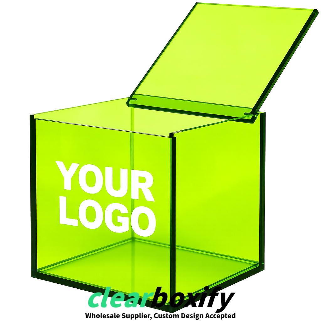 Lime Green Clear Acrylic Square Boxes With Lid 5x5x5 inch Anti Dust Durable Storage Box