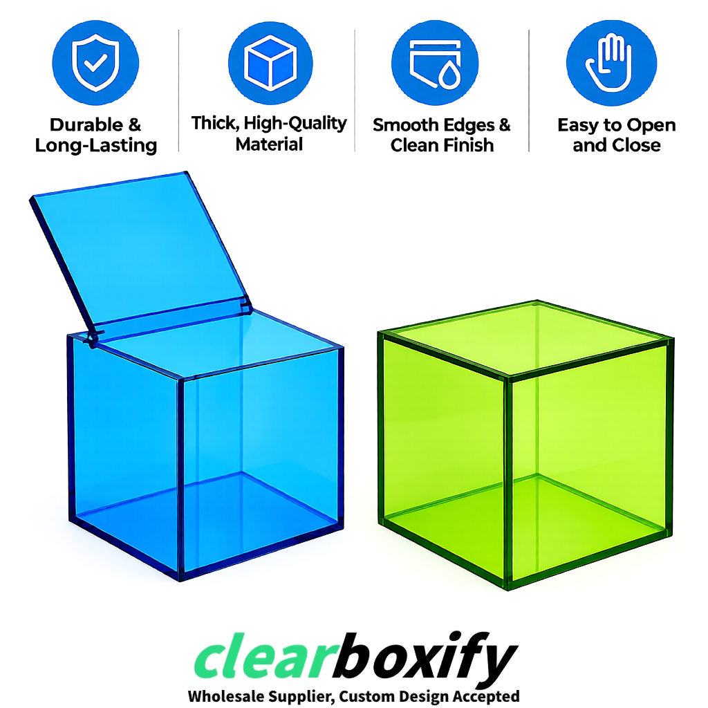 Lime Green Clear Acrylic Square Boxes With Lid 5x5x5 inch Anti Dust Durable Storage Box