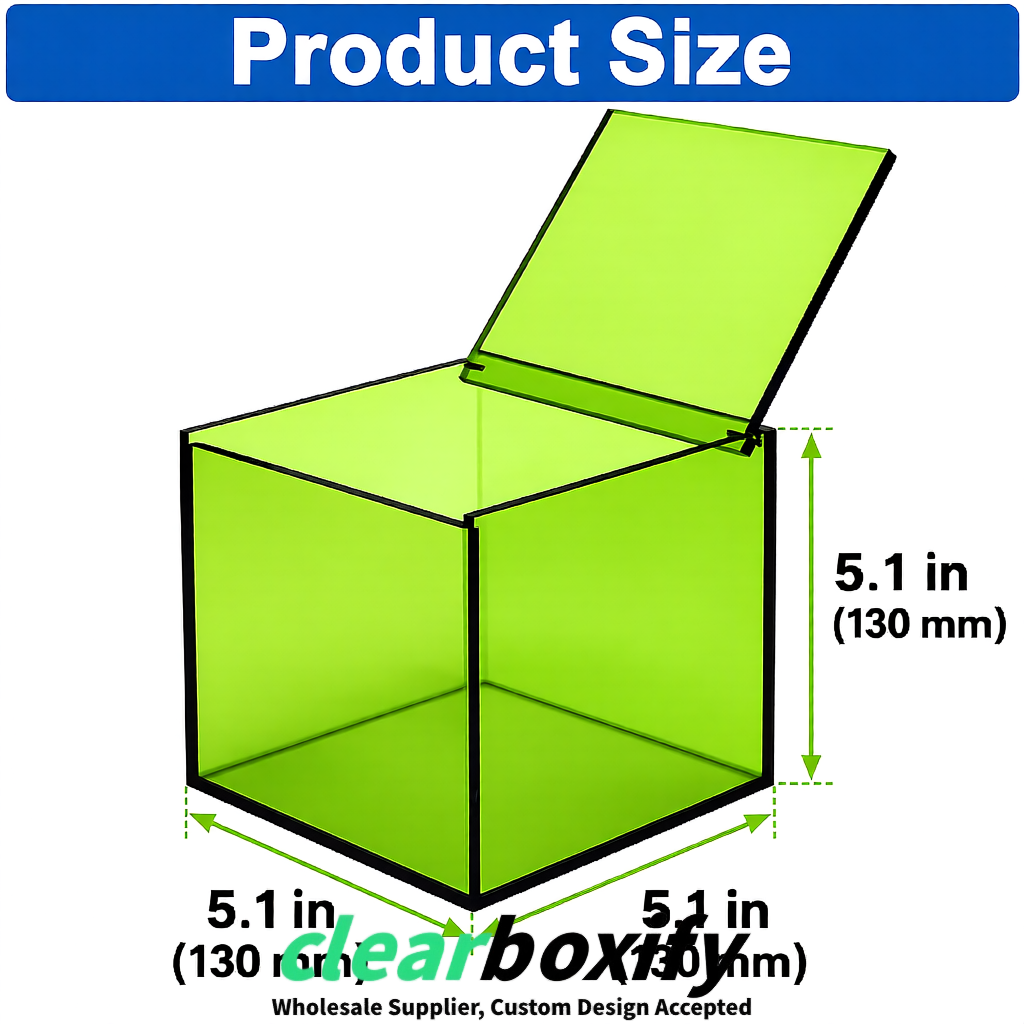 Lime Green Clear Acrylic Square Boxes With Lid 5x5x5 inch Anti Dust Durable Storage Box