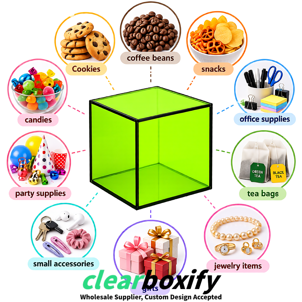 Lime Green Clear Acrylic Square Boxes With Lid 5x5x5 inch Anti Dust Durable Storage Box