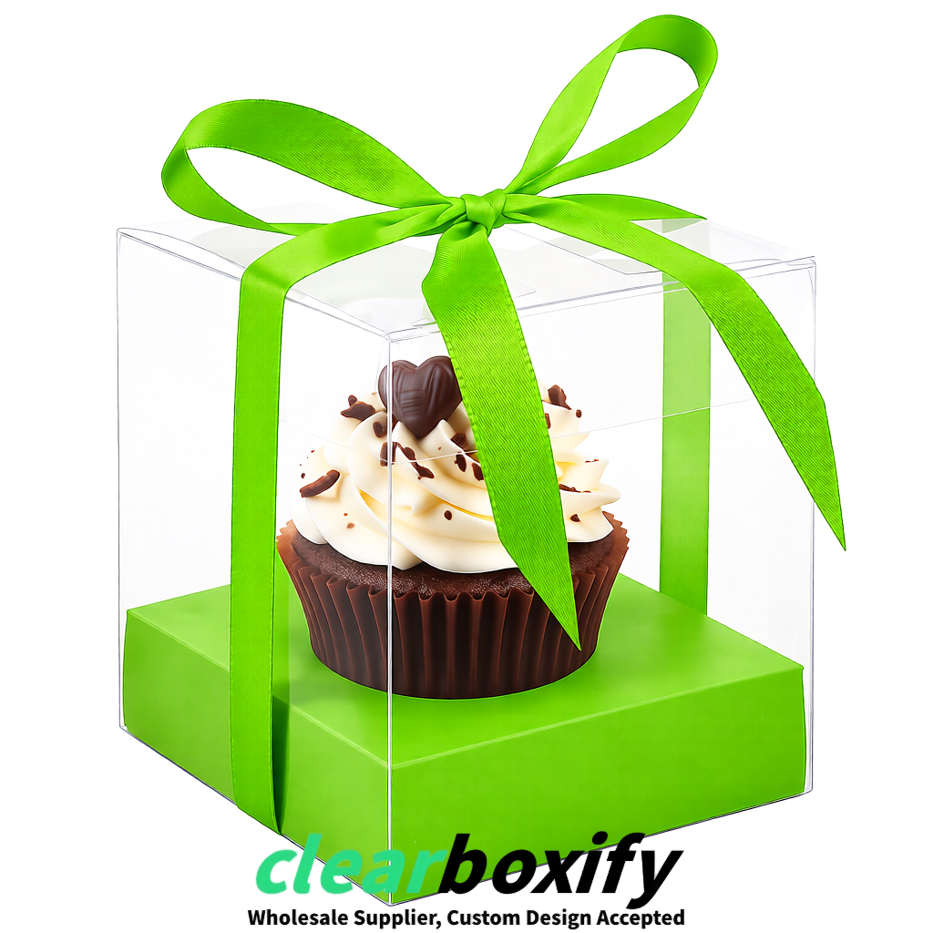 Clear Individual Cupcake Boxes with Lime Green Base Square 3.5 inch Plastic Cupcake Carrier with Ribbon
