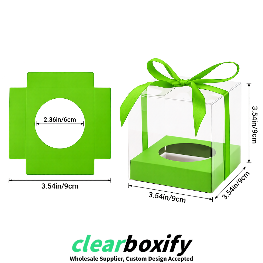 Clear Individual Cupcake Boxes with Lime Green Base Square 3.5 inch Plastic Cupcake Carrier with Ribbon