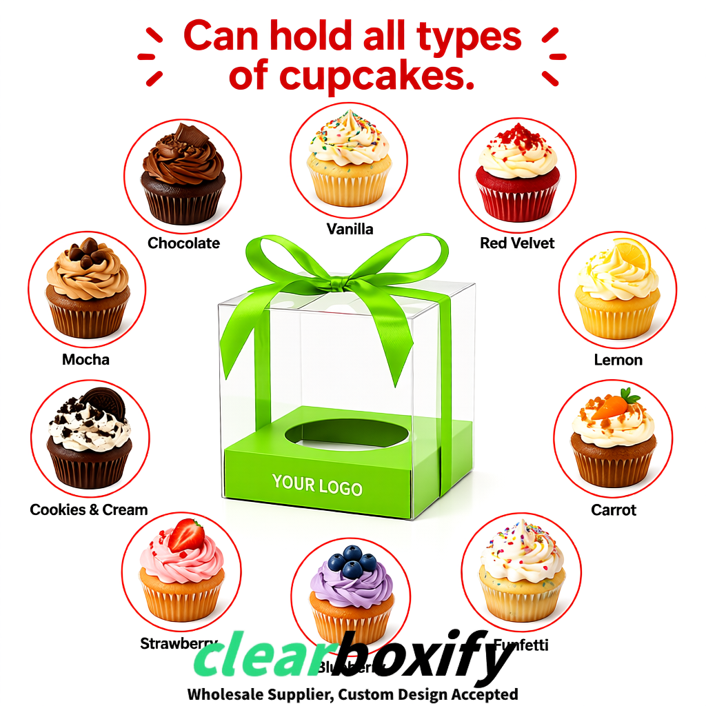 Clear Individual Cupcake Boxes with Lime Green Base Square 3.5 inch Plastic Cupcake Carrier with Ribbon
