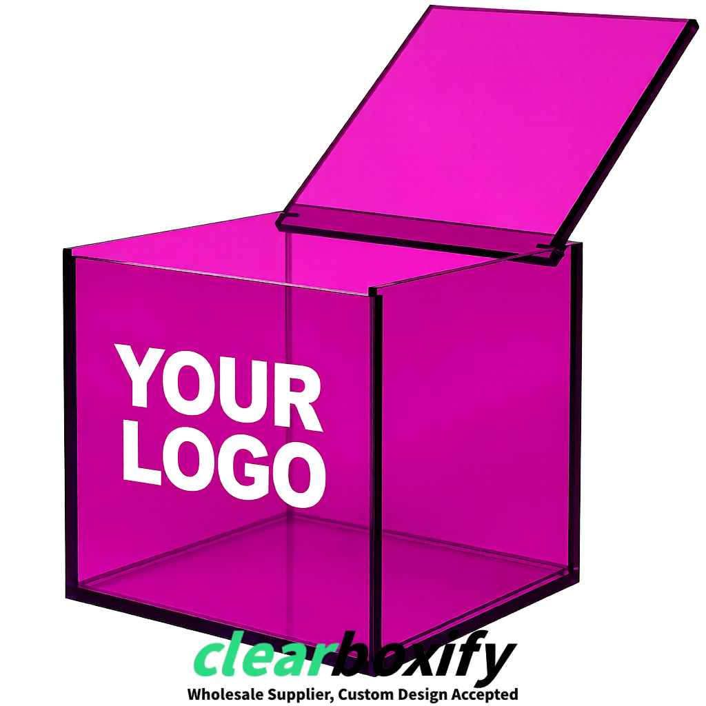 Magenta Clear Acrylic Square Boxes With Lid 5x5x5 inch Anti Dust Durable Storage Box