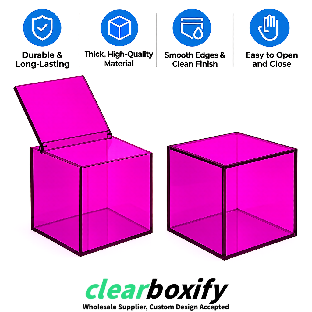 Magenta Clear Acrylic Square Boxes With Lid 5x5x5 inch Anti Dust Durable Storage Box