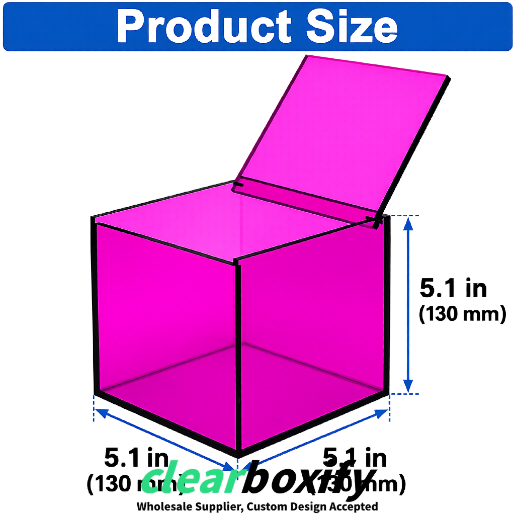 Magenta Clear Acrylic Square Boxes With Lid 5x5x5 inch Anti Dust Durable Storage Box
