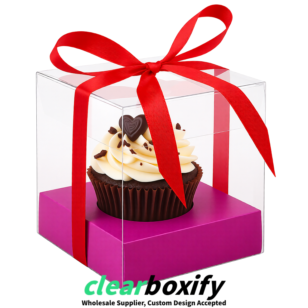 Clear Individual Cupcake Boxes with Magenta Base Square 3.5 inch Plastic Cupcake Carrier with Ribbon