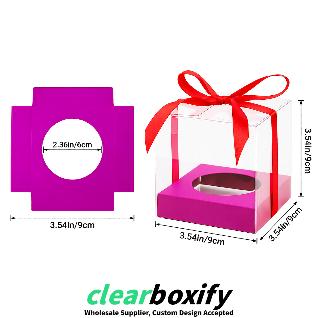 Clear Individual Cupcake Boxes with Magenta Base Square 3.5 inch Plastic Cupcake Carrier with Ribbon