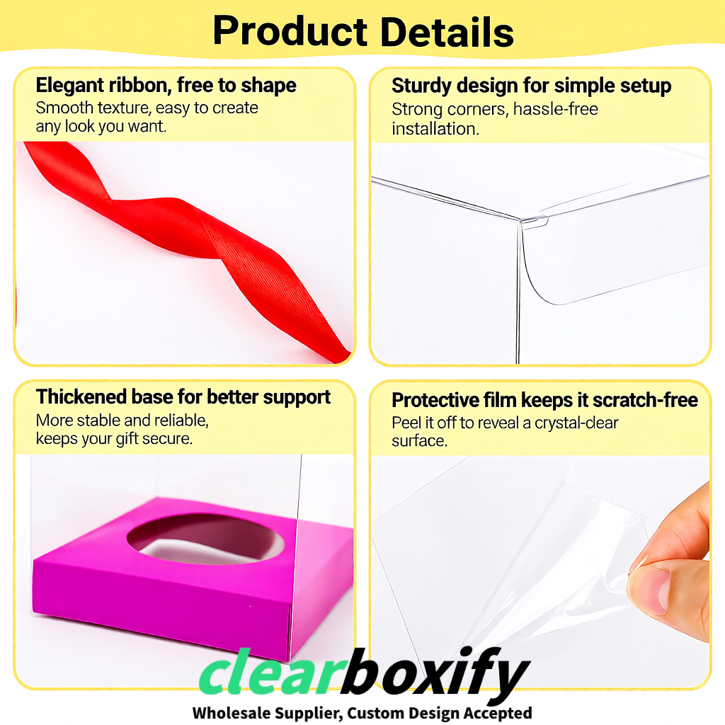 Clear Individual Cupcake Boxes with Magenta Base Square 3.5 inch Plastic Cupcake Carrier with Ribbon Clear Individual Cupcake Boxes with Magenta Base Square 3.5 inch Plastic Cupcake Carrier with Ribbon