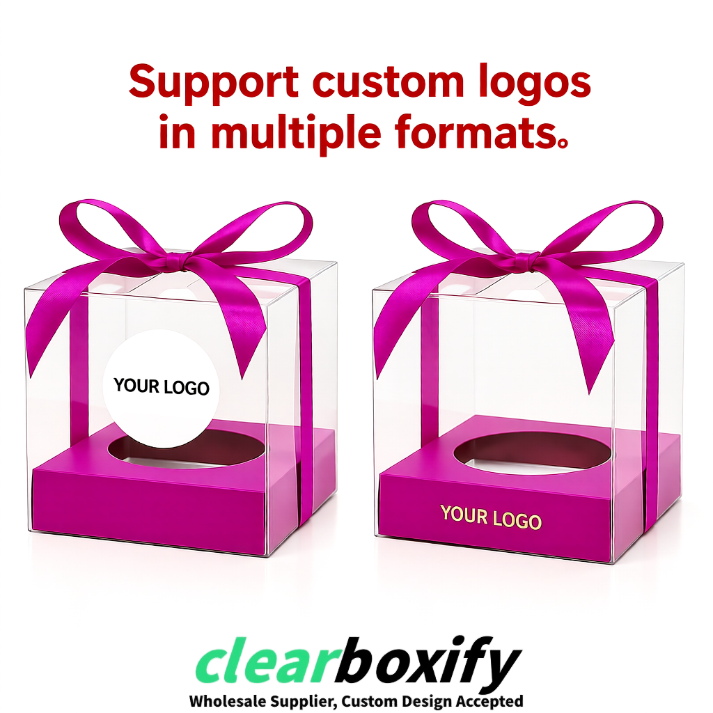 Clear Individual Cupcake Boxes with Magenta Base Square 3.5 inch Plastic Cupcake Carrier with Ribbon