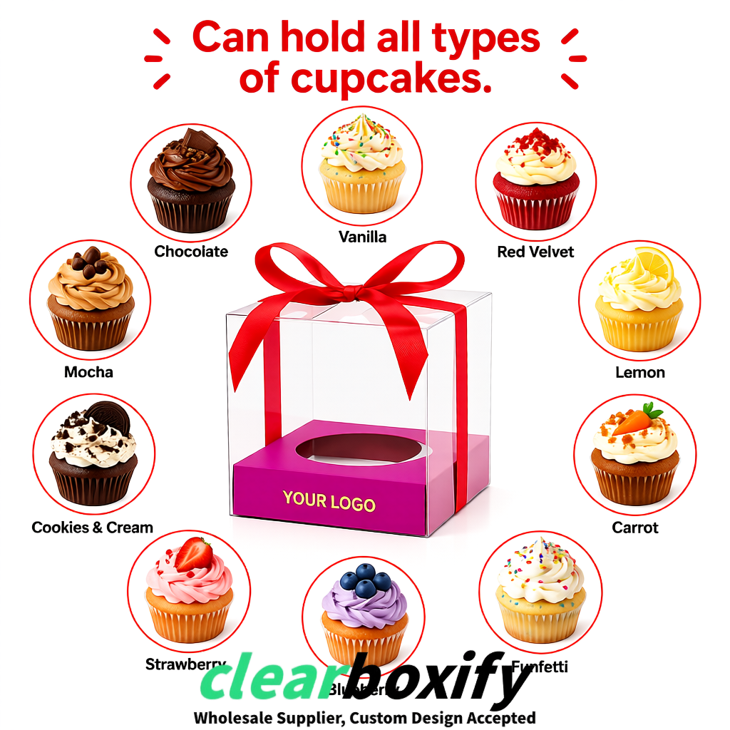 Clear Individual Cupcake Boxes with Magenta Base Square 3.5 inch Plastic Cupcake Carrier with Ribbon