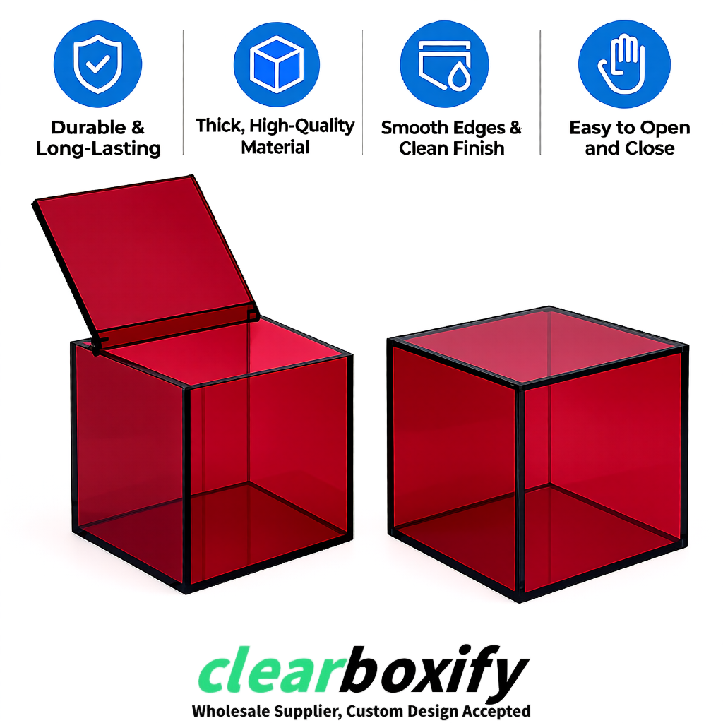 Maroon Clear Acrylic Square Boxes With Lid 5x5x5 inch Anti Dust Durable Storage Box