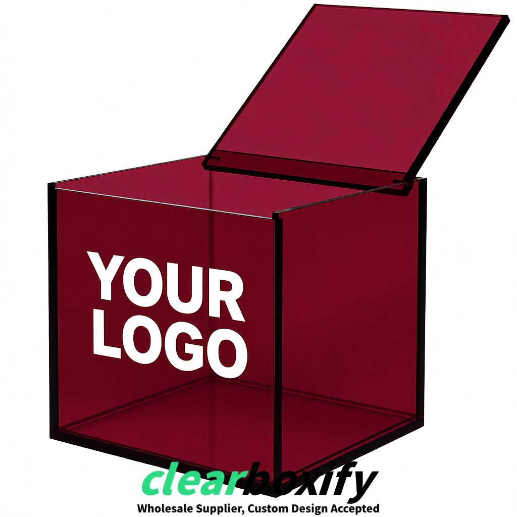 Maroon Clear Acrylic Square Boxes With Lid 5x5x5 inch Anti Dust Durable Storage Box