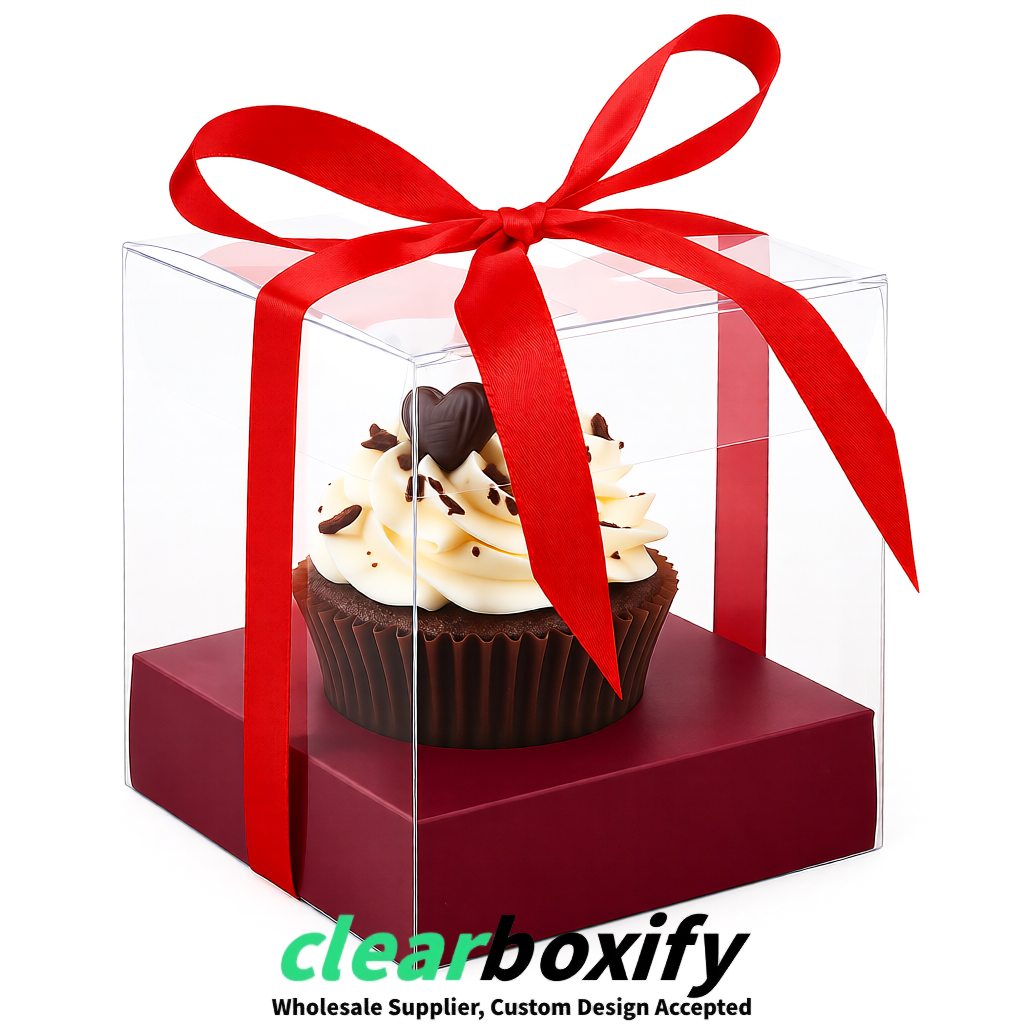 Clear Individual Cupcake Boxes with Maroon Base Square 3.5 inch Plastic Cupcake Carrier with Ribbon