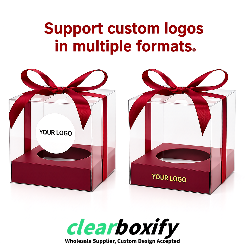 Clear Individual Cupcake Boxes with Maroon Base Square 3.5 inch Plastic Cupcake Carrier with Ribbon