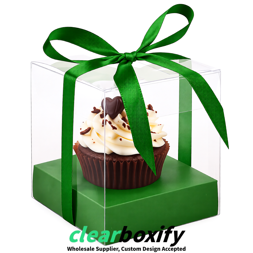 Clear Individual Cupcake Boxes with Matcha Green Base Square 3.5 inch Plastic Cupcake Carrier with Ribbon