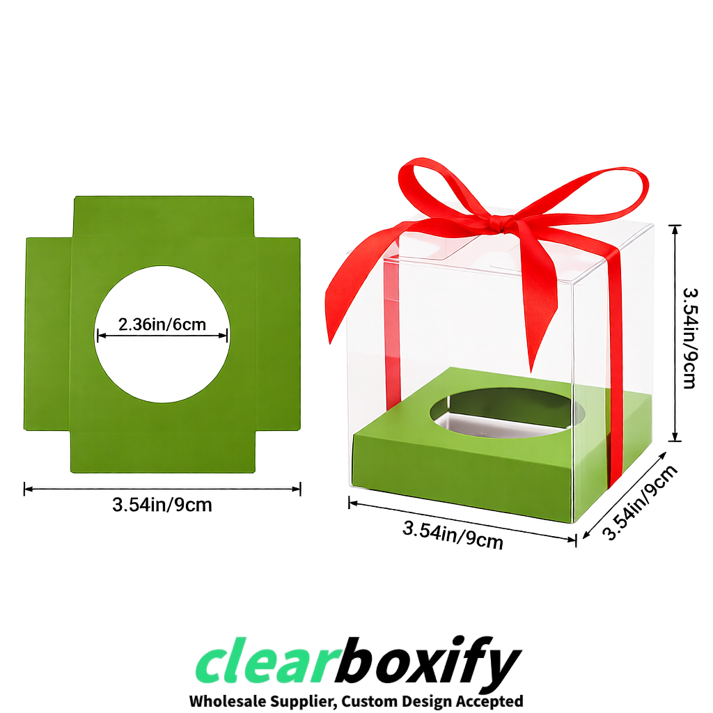 Clear Individual Cupcake Boxes with Matcha Green Base Square 3.5 inch Plastic Cupcake Carrier with Ribbon