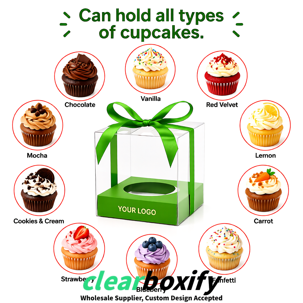 Clear Individual Cupcake Boxes with Matcha Green Base Square 3.5 inch Plastic Cupcake Carrier with Ribbon