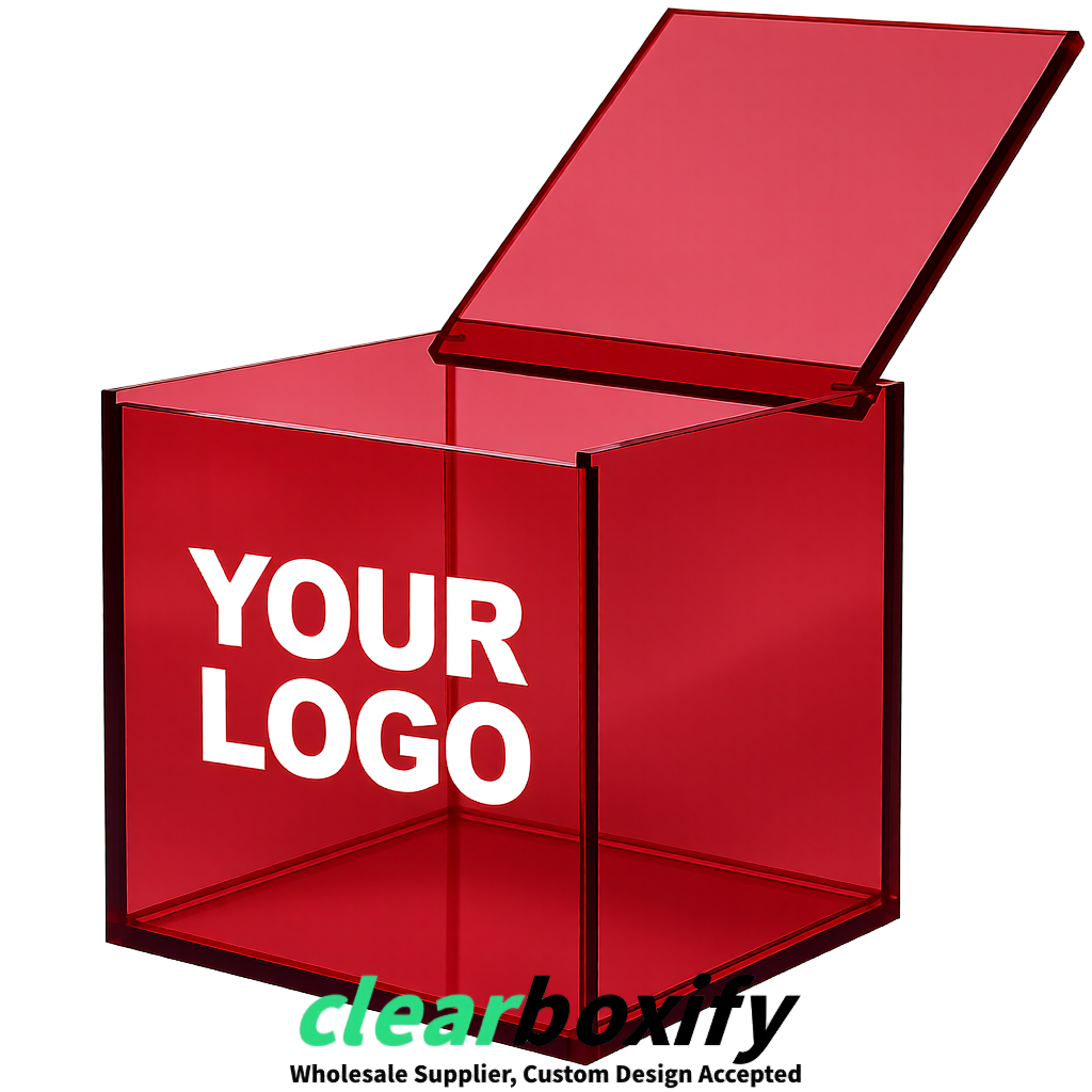 Matte Red Clear Acrylic Square Boxes With Lid 5x5x5 inch Anti Dust Durable Storage Box