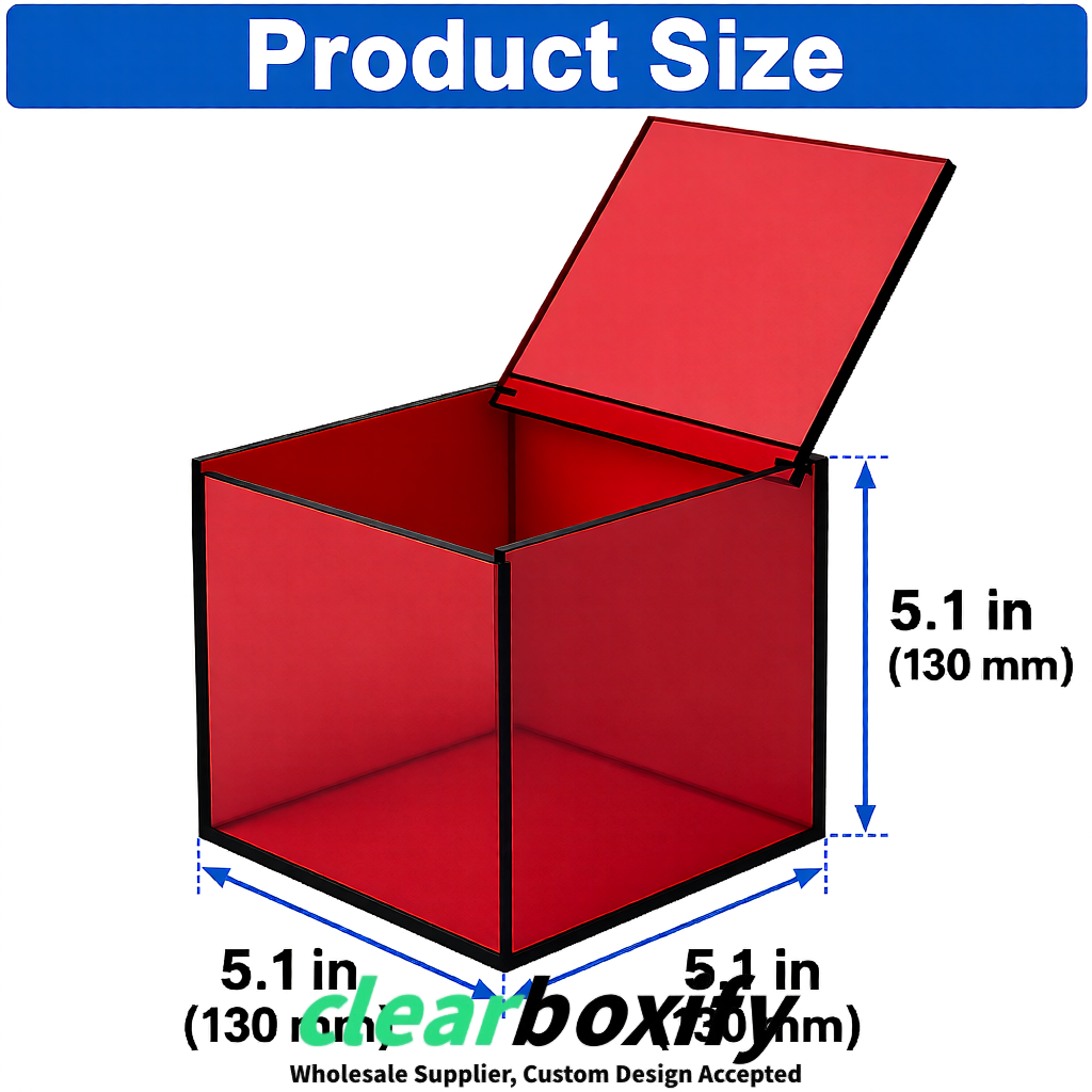 Matte Red Clear Acrylic Square Boxes With Lid 5x5x5 inch Anti Dust Durable Storage Box